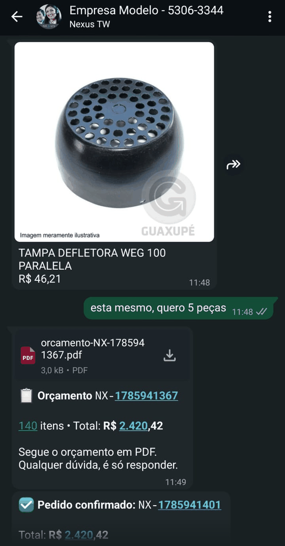 Conversa no WhatsApp do cliente: foto do produto com preço, orçamento em PDF e boleto em PDF