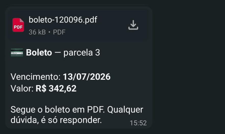 Boleto em PDF como o cliente recebe no WhatsApp, com vencimento e valor