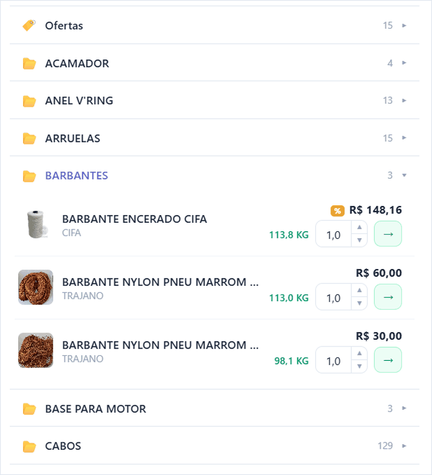 Catálogo por departamento com marca, estoque em quilos e preço