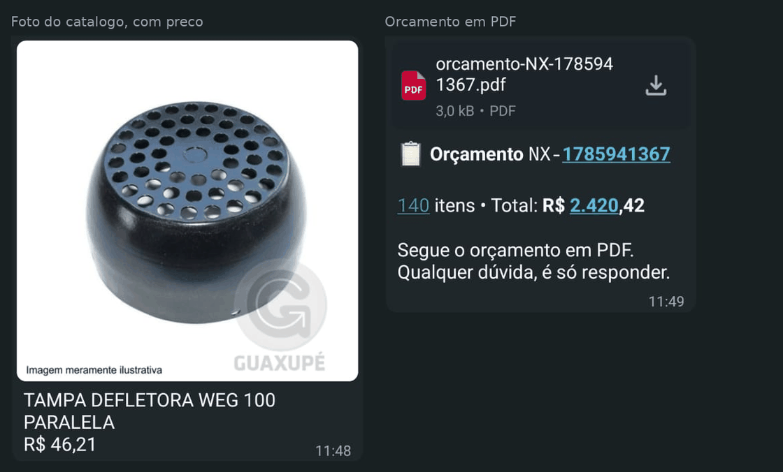 Foto do produto com preço e orçamento em PDF, já no WhatsApp do cliente