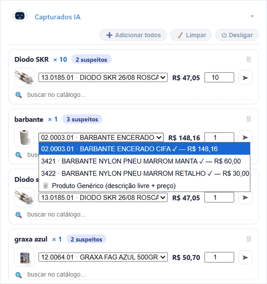 Painel Capturados IA com os produtos candidatos abertos para o vendedor escolher